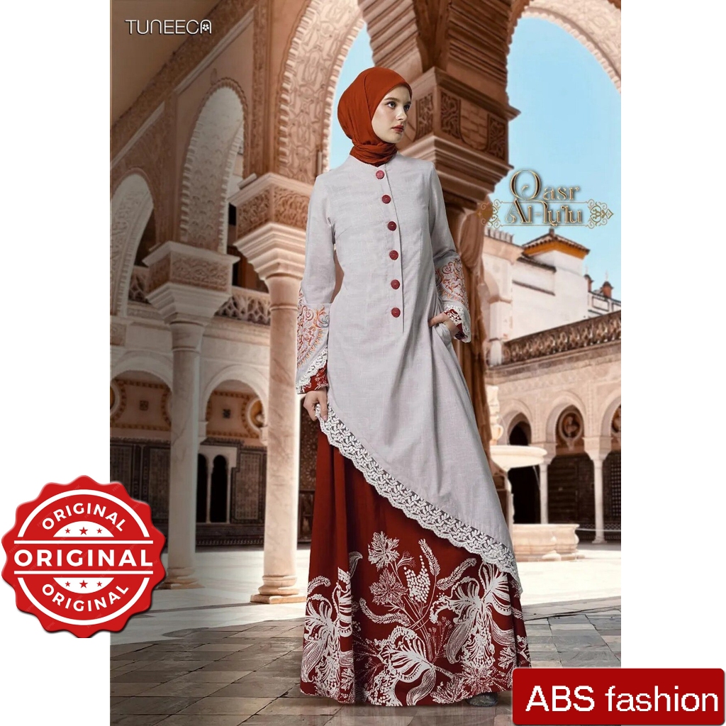 Gamis Tuneeca warna terracotta mix putih tulang nuansa etnik Amra Al-Hakamiyyah T-0825001