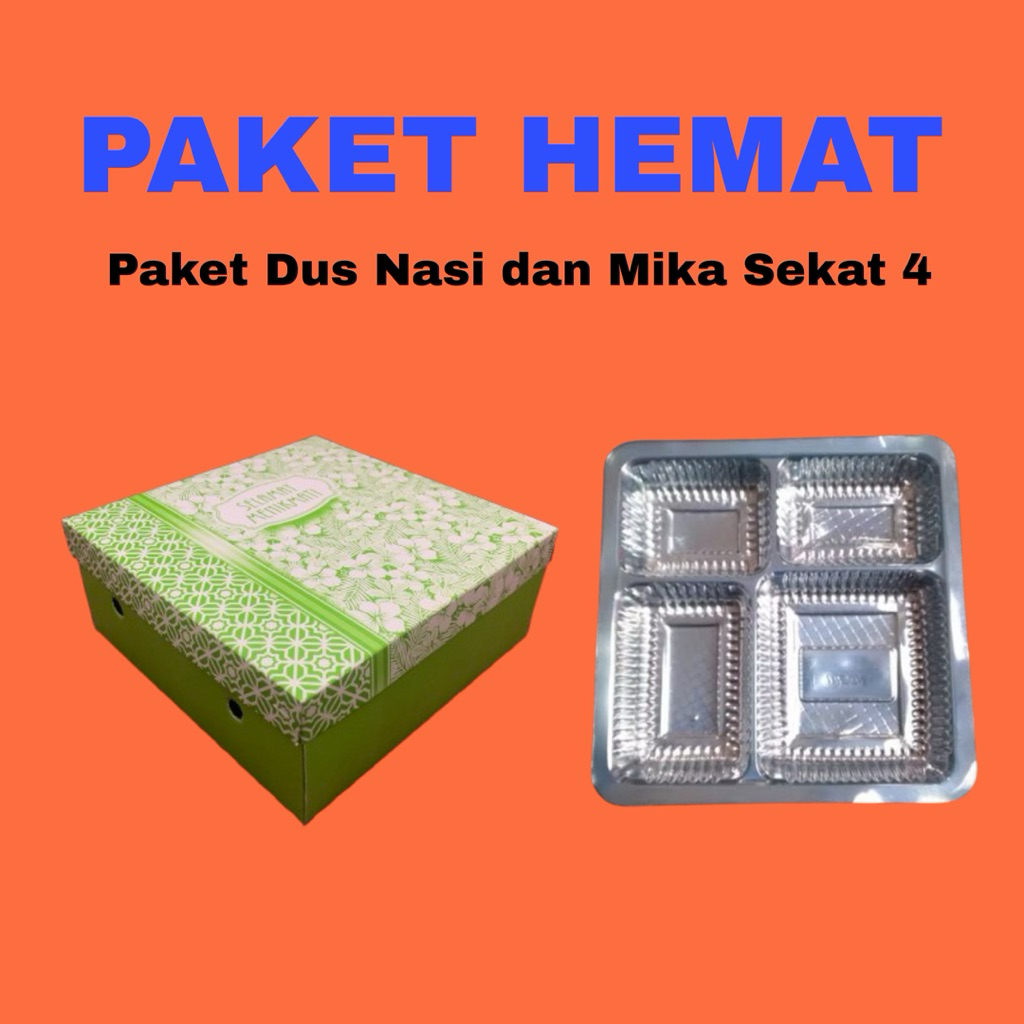 

100 Pcs Paket Dus Nasi Motif dan Mika Makanan | Kardus Nasi uk 18x18x7 | Mika Sekat 4 |