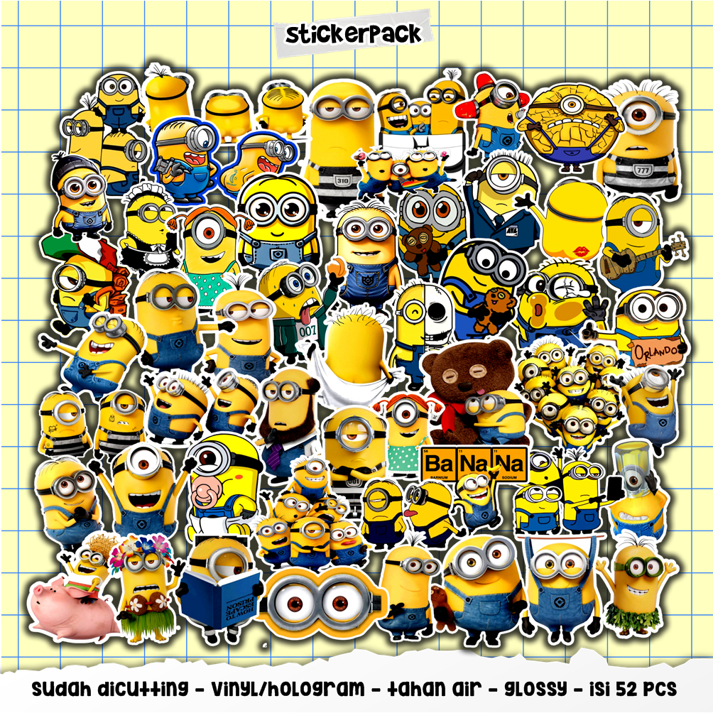 

52pcs aesthetic sticker monions series, stiker vinyl & hologram tahan air