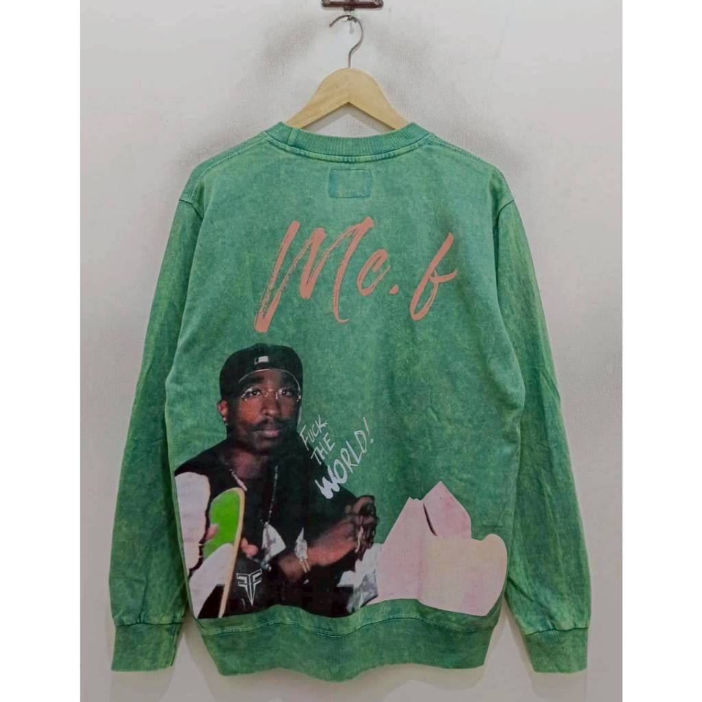 SWEATER CREWNECK MUSIC RAPPER TUPAC SHAKUR 2PAC F*CK THE WORLD GREEN SAND WASH