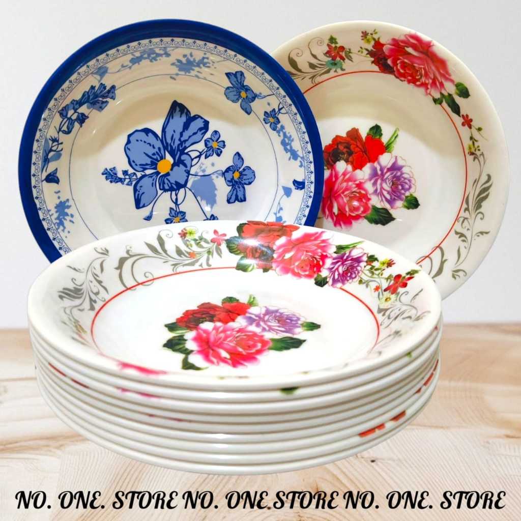 PROMO 1 LUSIN PIRING MELAMIN CEKUNG BUNGA CANTIK { 23CM }FOOD GARDE | PIRING BUNGA BLUE ROSE & RED R