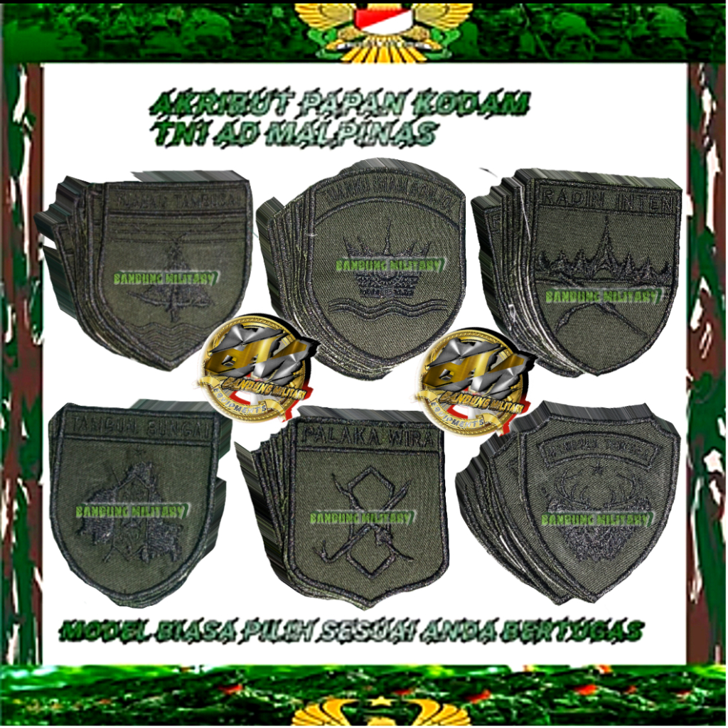 Bordir Logo Satuan Kodam TNI AD Malpinas Hijau Army Bahan Japan Kasuari Cenderawasih Pattimura Hasan
