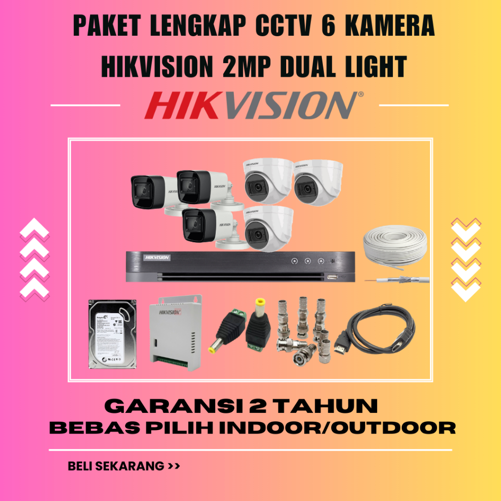 PAKET 6 KAMERA HIKVISION 2MP DUAL LIGHT DVR 8 CHANNEL CCTV PROMO LENGKAP SIAP PASANG