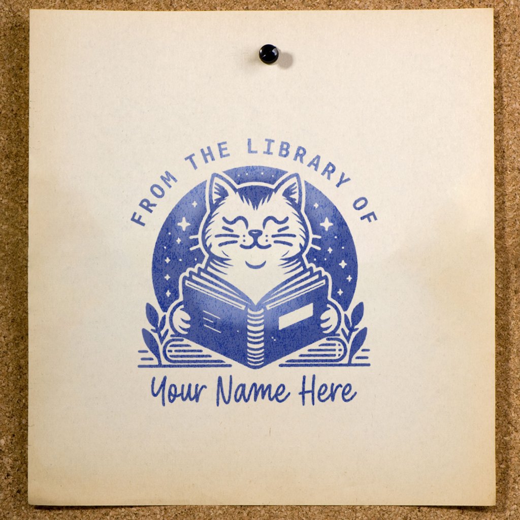 

Stempel Buku Ex Libris Custom Nama SE-78 | Desain Kucing Imut Membaca Buku | Stamp Perpustakaan