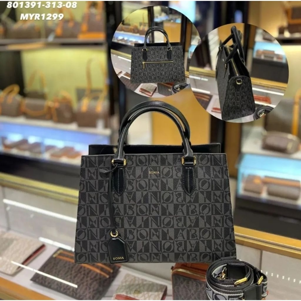 tas bonia original sling top handle bag monogram hitam tali lebar