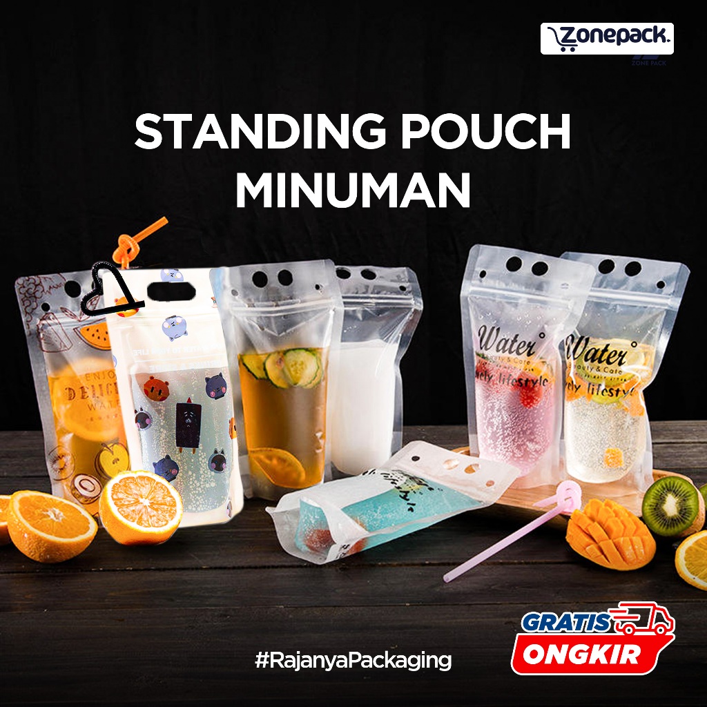 Standing Pouch Minuman 500 ML | Stand Up Drink Bag  | Kemasan Minuman + Sedotan | Standing Pouch Dri