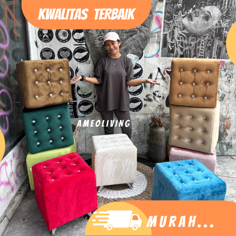 Stool Kotak Pajero 40x40cm Kancing Kristal - Stool Kaki Stainless - Stool Murah - Stool Dewasa - Kur