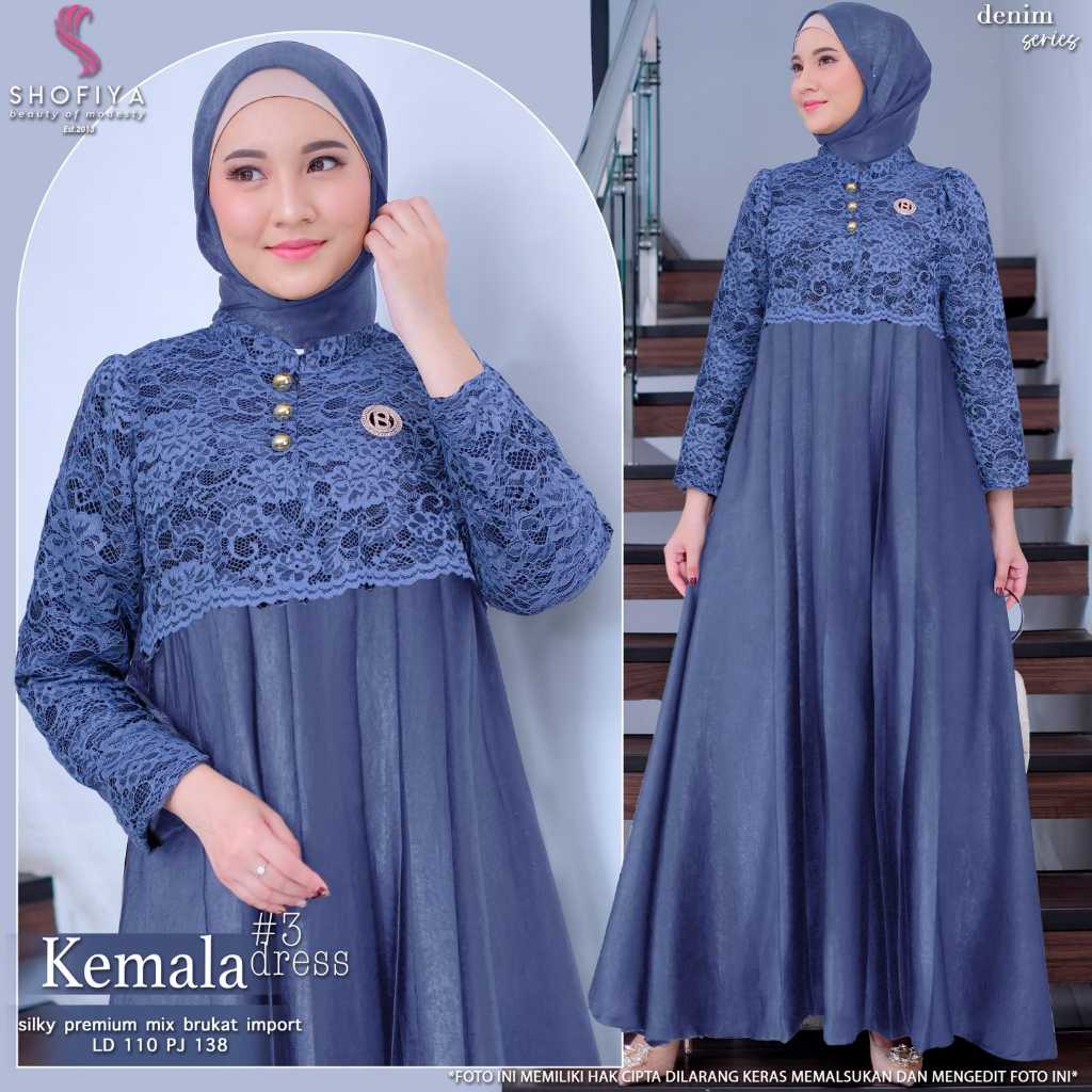 Kemala dress gamis baju maxy wanita muslim muslimah jumbo ld 110 silk premium mix brukat import ori