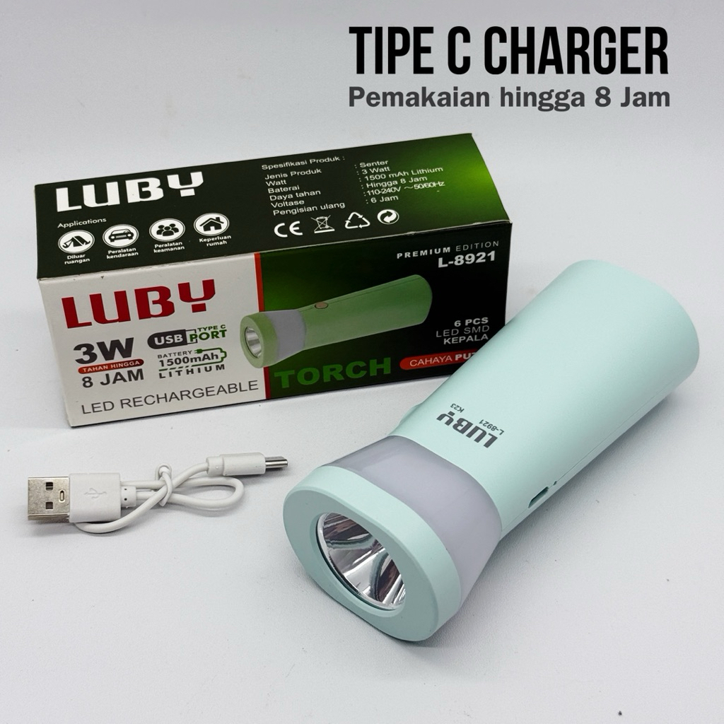 Senter Luby Led Flashlight L-8921 New Senter Lampu Emergency Luby Charger USB Tipe C