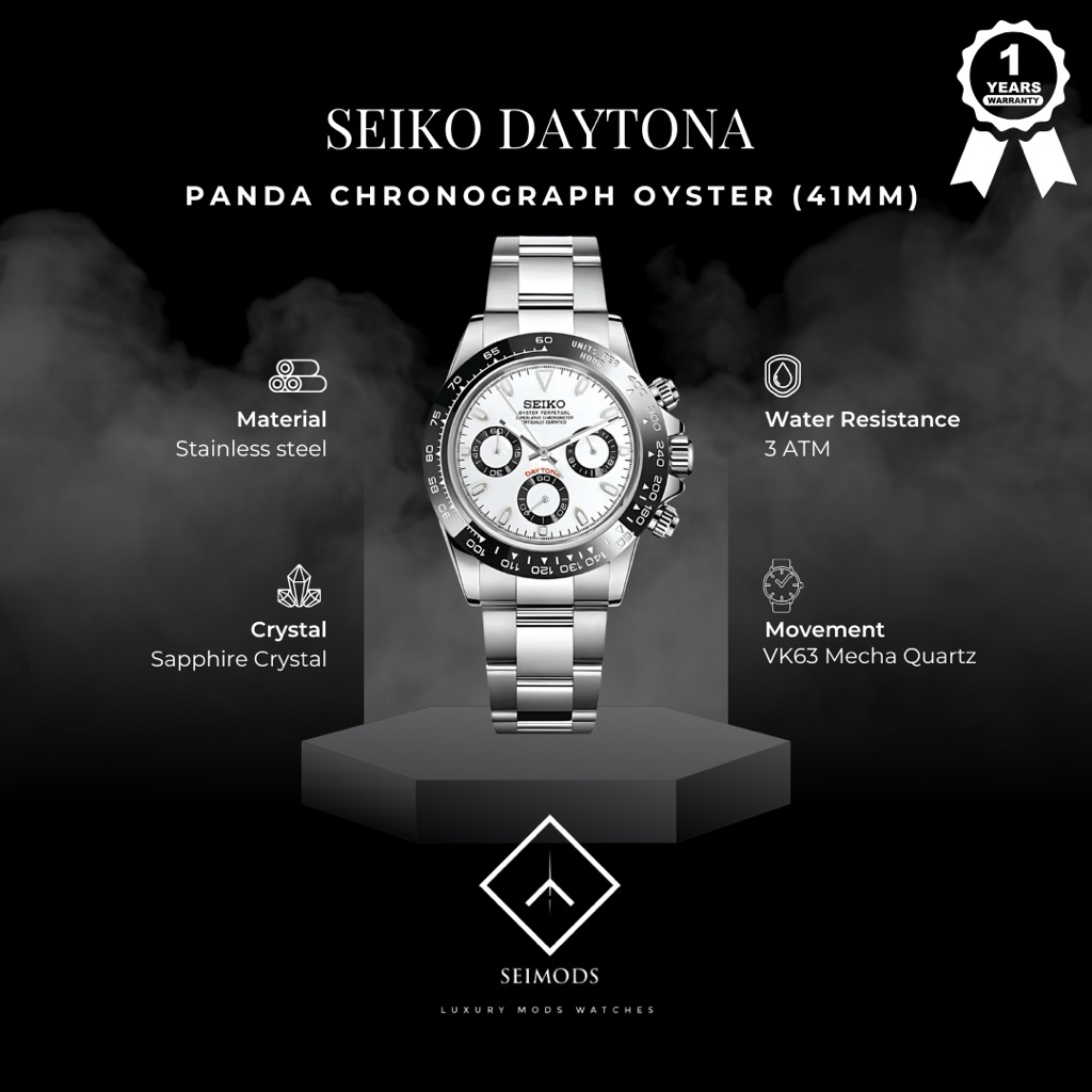 Jam Tangan Seiko Mod Daytona Panda Chrono VK63 Seikotona White Oyster Watch Quartz