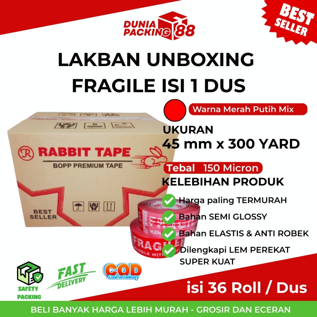 

[DUS] Lakban Unboxing Fragile Mix 45 x 300 Yard JUMBO RABBIT TAPE BEST QUALITY [Dunia Packing88]