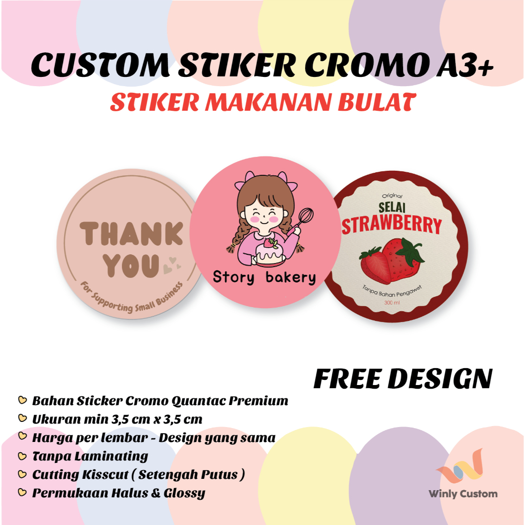 

Cetak Stiker Cromo Bulat Label Makanan Jualan Olshop Free Design Custom Chromo A3+ Print Sticker