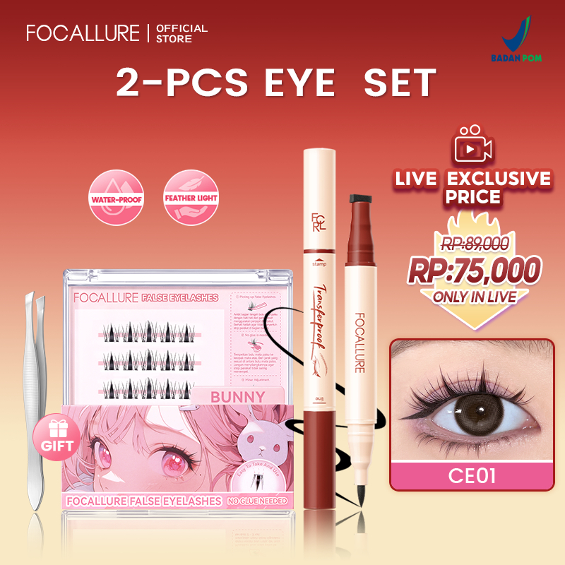 [Live Exclusive] FOCALLURE 2PCS EYE Set Eyeliner stamp & False Eyelashes Tahan Air  3D Natura