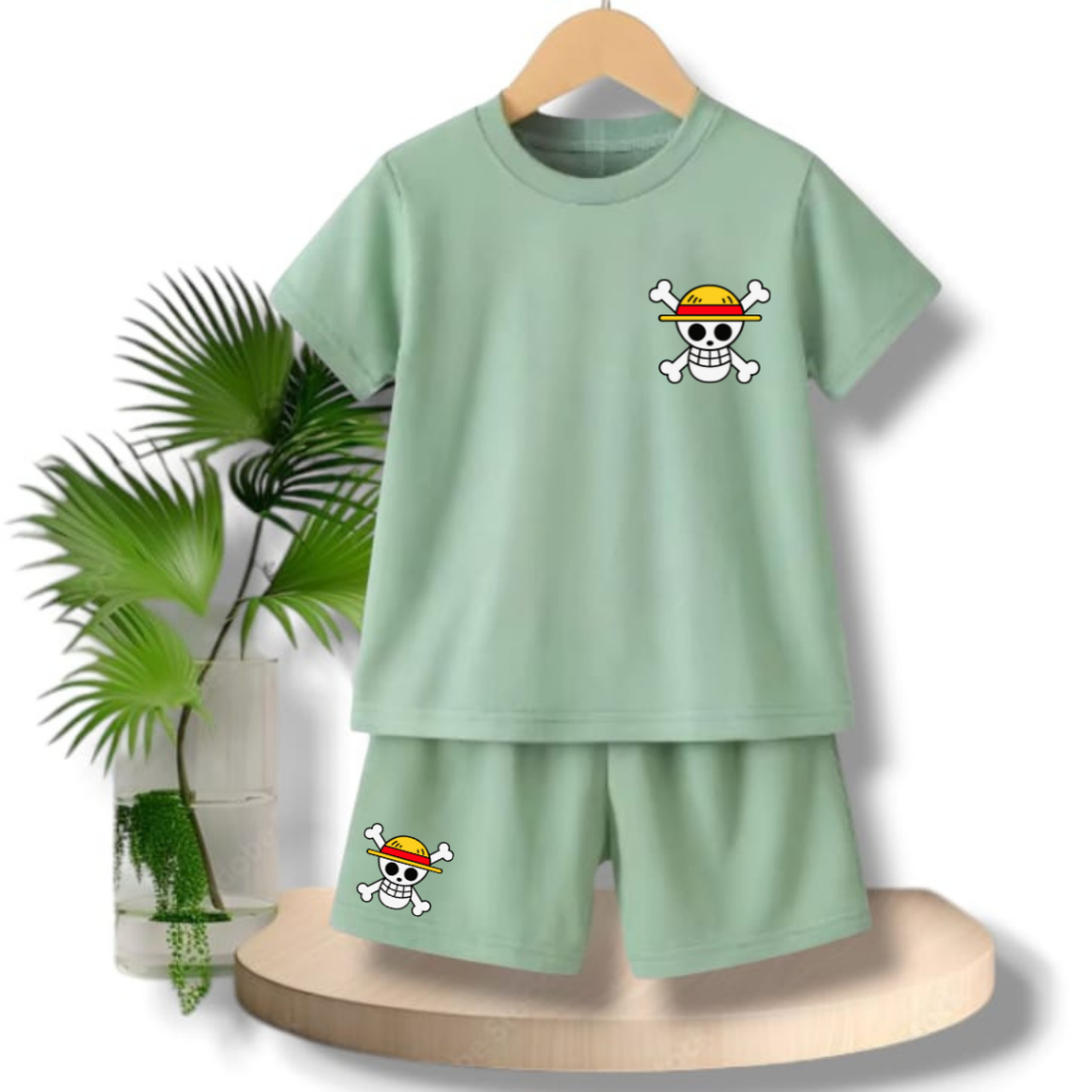 Setelan Kaos Anak Logo One Piece Bajak Laut Lufi Bahan Tebal Usia 2-12 Thn Sepasang Baju Dan Celana