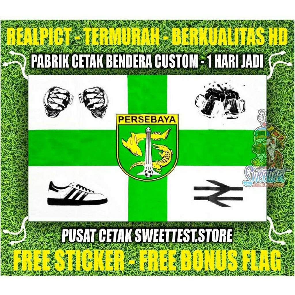 READY STOK + FREE STICKER BENDERA PERSEBAYA SURABAYA, MINIFLAG PERSEBAYA, GIANTFLAG PERSEBAYA, LOGO 
