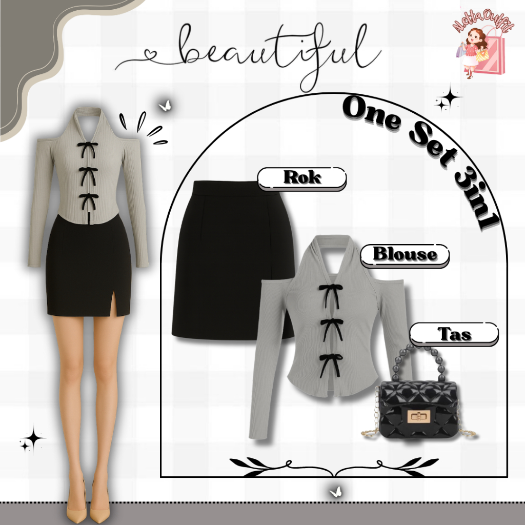 One Set Lizie Korean Style (Kezia, Rok Pendek, Tas Selempang) Ootd Korean Look Wanita Kekinian AO2Y 
