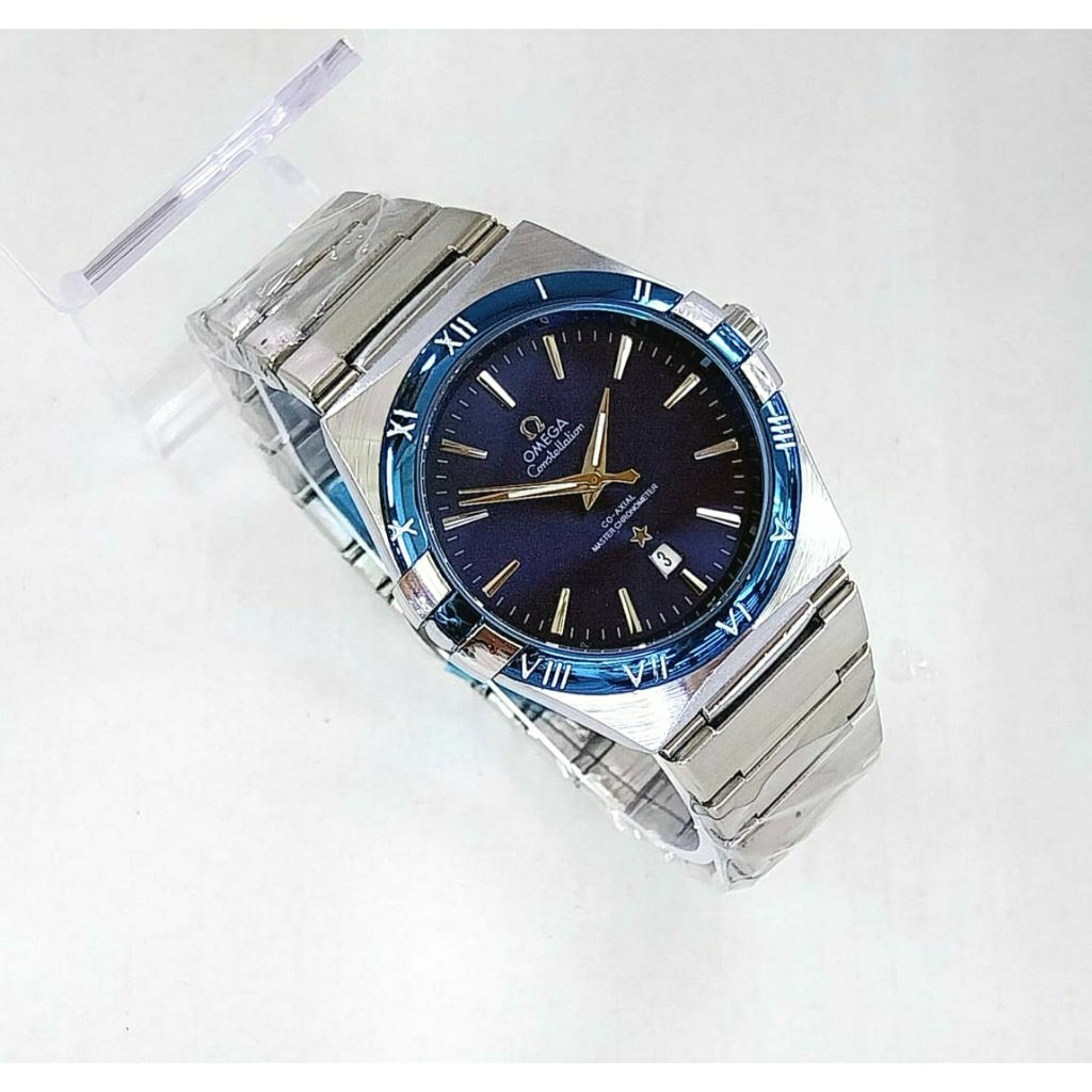 JAM TANGAN PRIA KLASIK RANTAI SILVER RING BIRU PLAT BIRU