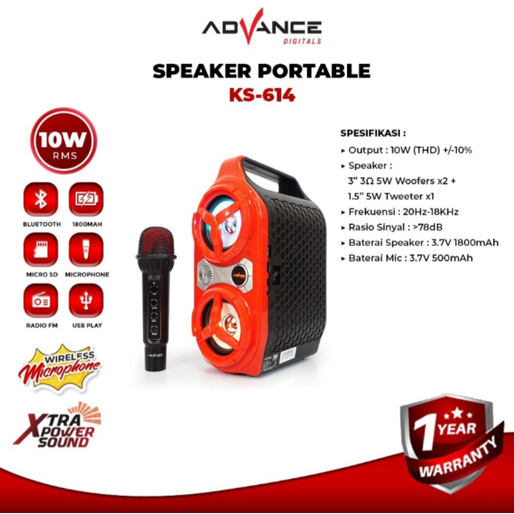 SPEAKER PORTABLE BLUETOOTH ADVANCE KS-614 +1 MIC WIRELESS BAWAAN