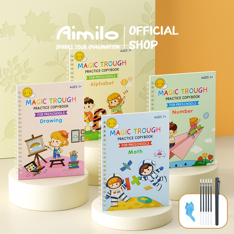 

[READY] Aimilo Magic Practice Book 4in1 Set Latihan Menulis Anak Tk Termasuk Menggambar/Angka/Matematika/Alfabet