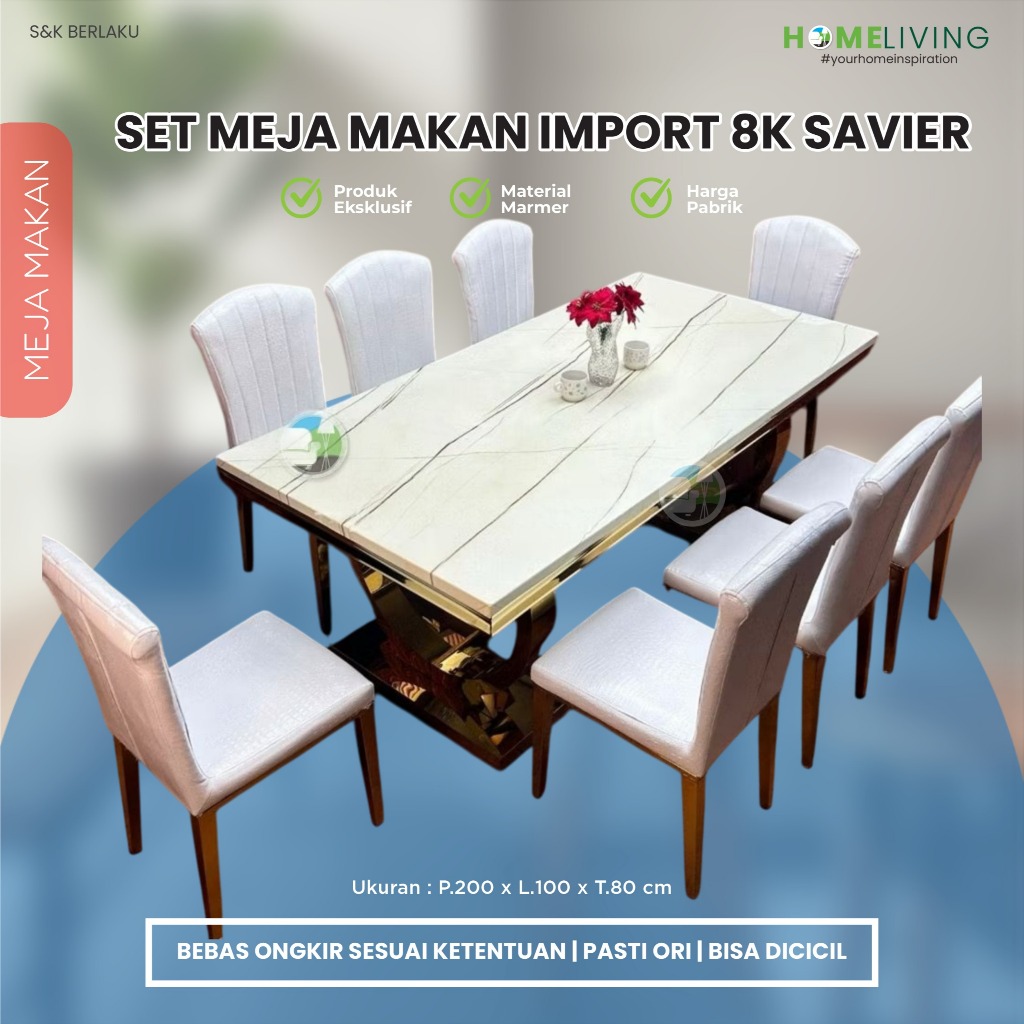 HOMELIVING-MEJA MAKAN SAVIER - SET MEJA MAKAN - MEJA MAKAN 8 KURSI - MEJA MAKAN MARMER