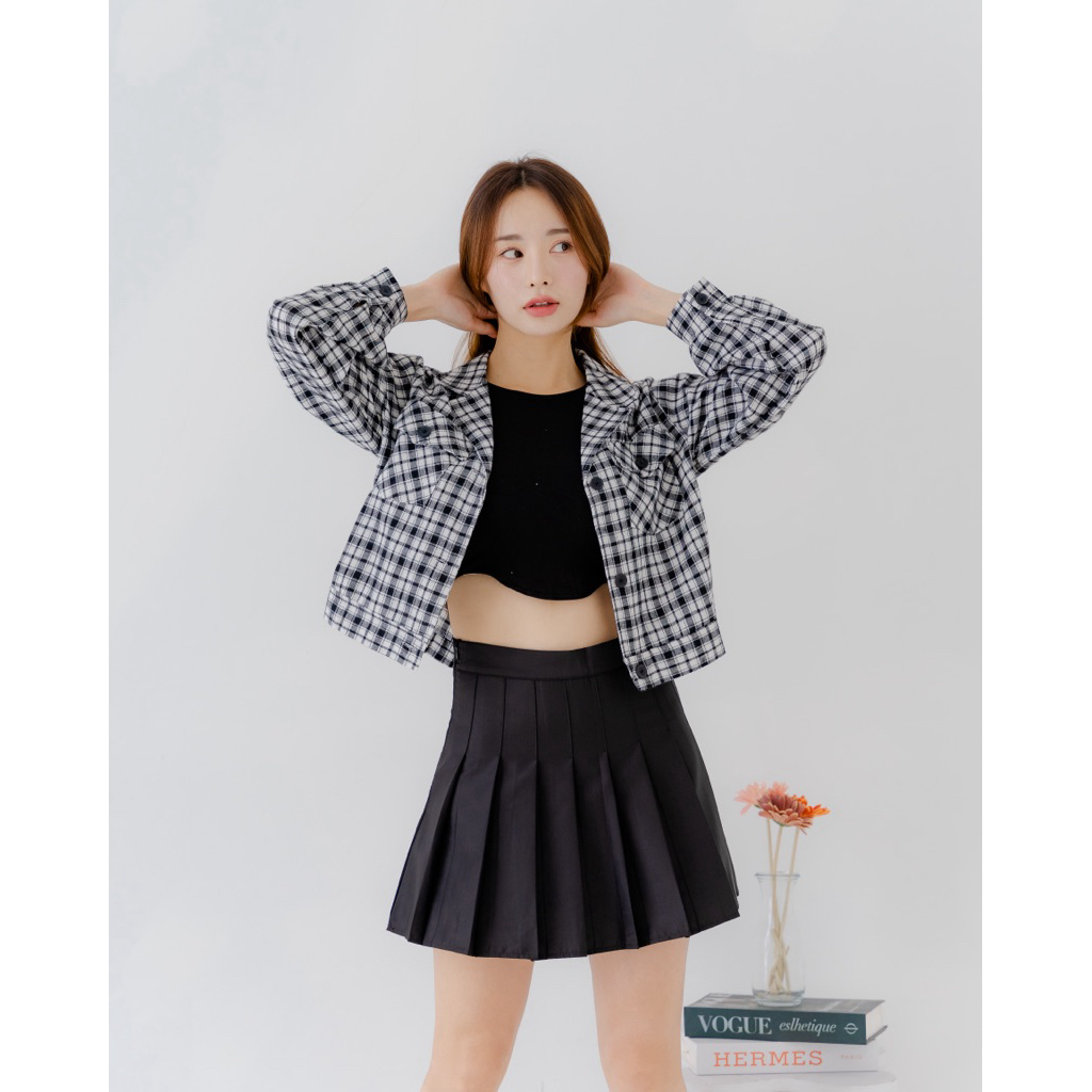 Kemeja wanita kotak kotak kantong premium import