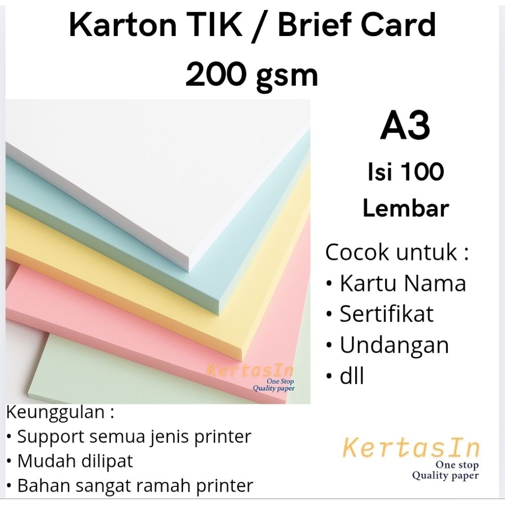 

Karton TIK / Brief Card 200 gsm A3 Isi 100 Lembar Warna Pastel – Karton Manila / Brief Card Tebal - Cocok Untuk Cover, Undangan, Sertifikat dan Kartu Nama.
