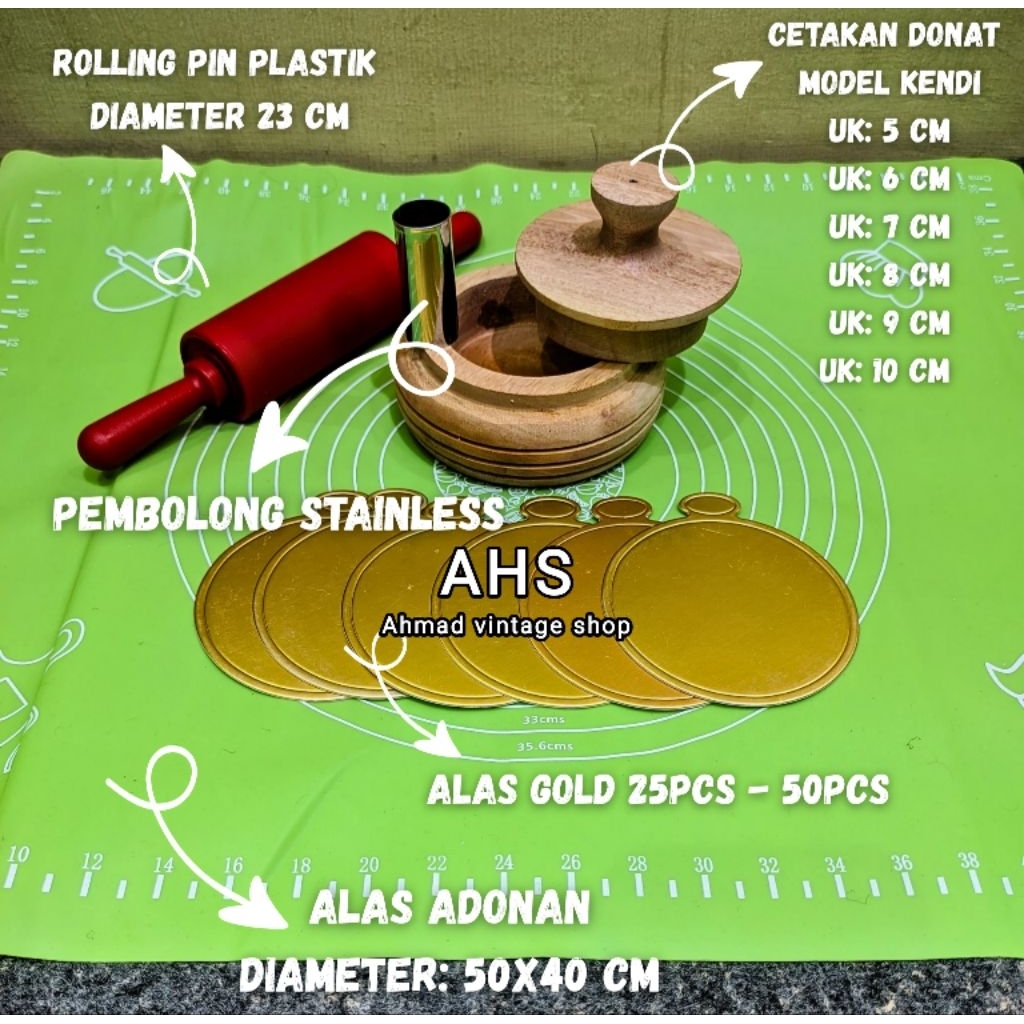 Paket Hemat 1Set Cetakan Donat Kayu Model Kendi+Rolling pin plastik+Alas Adonan+Alas Donat gold+Pemb