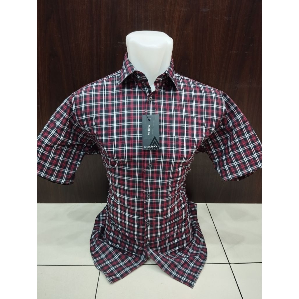 Alisan Kemeja Formal Pria Motif Kotak Merah & Biru Lengan Pendek Slimfit