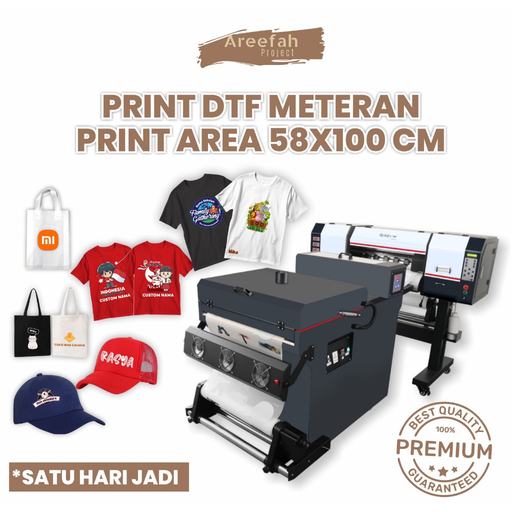 

Areefah Cetak Print DTF Custom per Meter & Ukuran A4/A3 | Lebar 30cm & 60cm | Sablon Siap Press