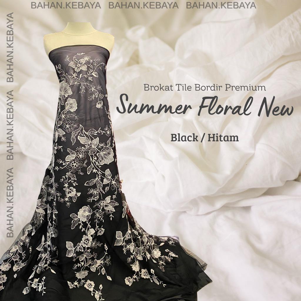 Kain Bahan Kebaya Brukat Brokat Tile Bordir Premium Summer Floral New Warna Black Hitam