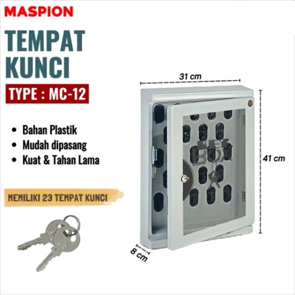 Kotak Kunci Dinding Gantung 23 Kait, Bahan Plastik Abu-abu, Ukuran 41,7x30,7x8 cm, Dilengkapi Baut d