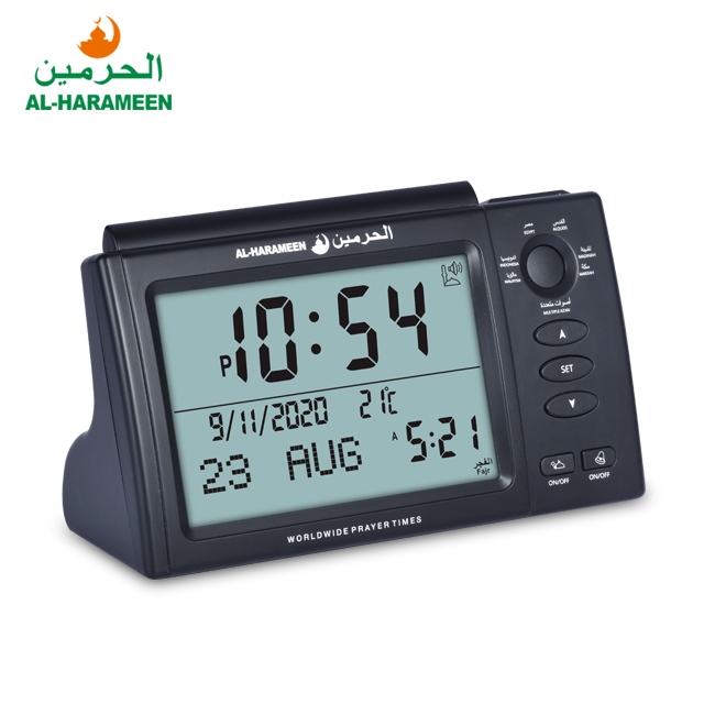 Jam Alarm Adzan AL HARAMEEN HA-7006 BLACK ADZAN TABLE CLOCK ORIGINAL