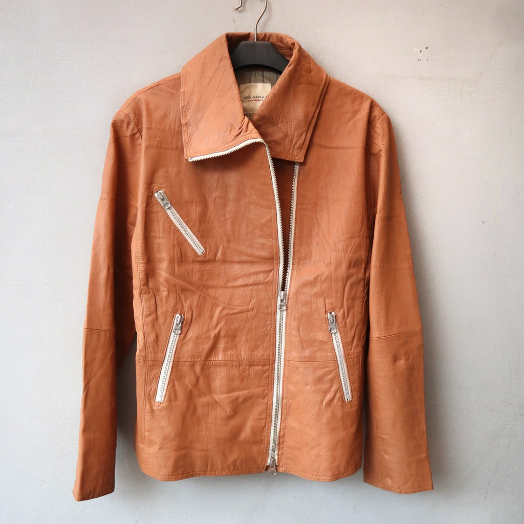 Jaket kulit size L kulit asli domba coklat tan jaket ramones cewek cowok biker rider jaket motor tou