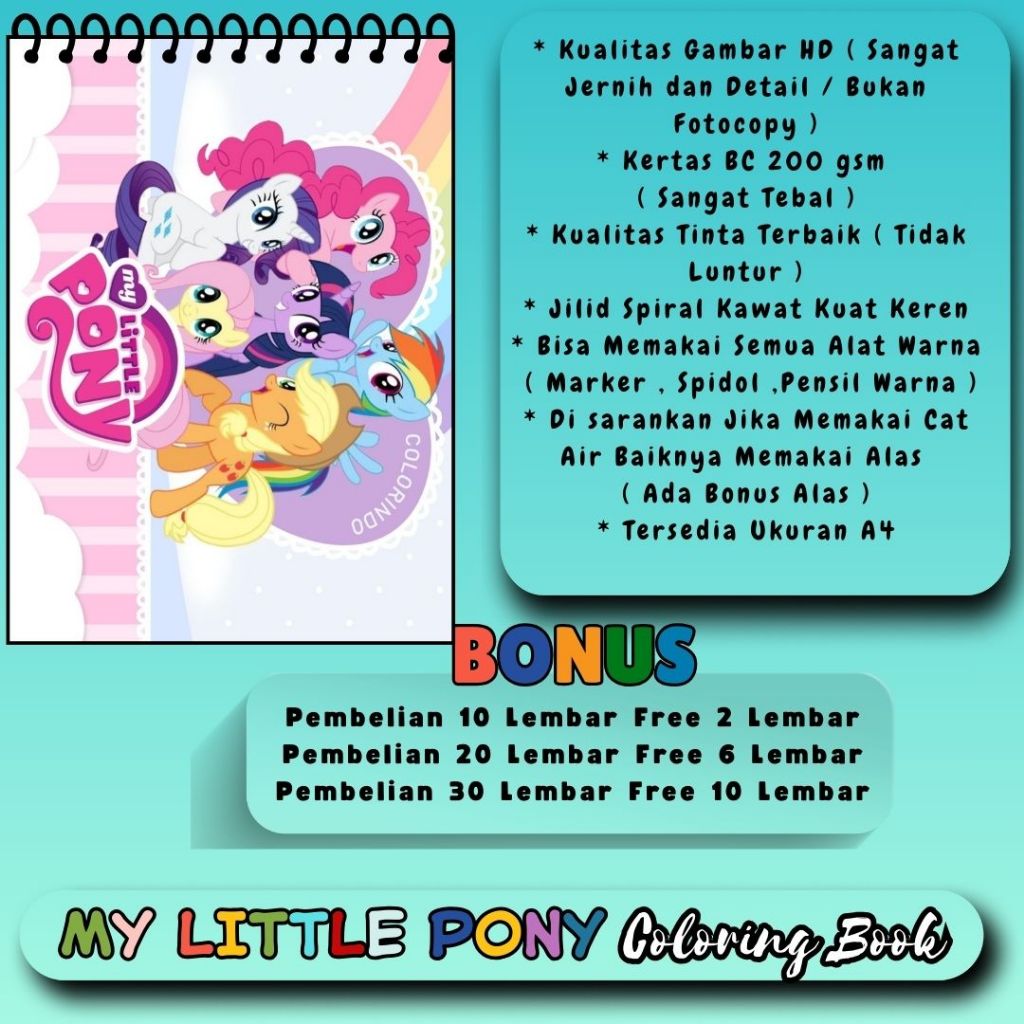 

Buku Mewarnai Tema MY LITTLE PONY Coloring Book Kertas Sangat Tebal 200 gsm Untuk Anak SD Dewasa Gambar HD Jelas Jernih