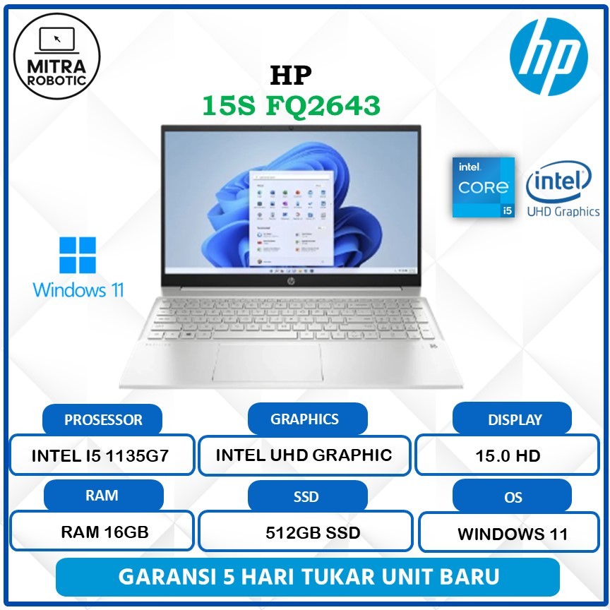 Laptop HP 15S Intel I5 1135G7 16GB 512GB Intel UHD Win 11