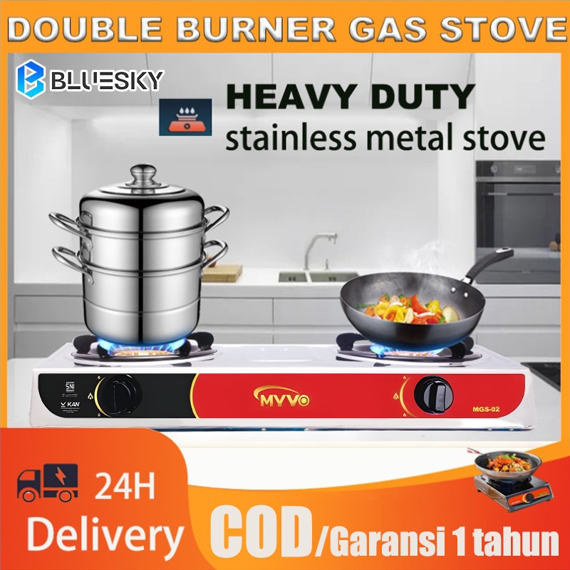 BLUE SKY Kompor Gas Dua Tungku Stainless Steel/Kompor Portable 2 Tungku/Kompor Gas Meja untuk Elpiji