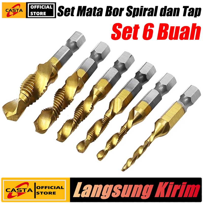 CASTA 6PCS Mata Bor Pembuat Ulir Drat Drill Tap Set Hex Twist Spiral Tapper Baut Bit Drilling Tappin
