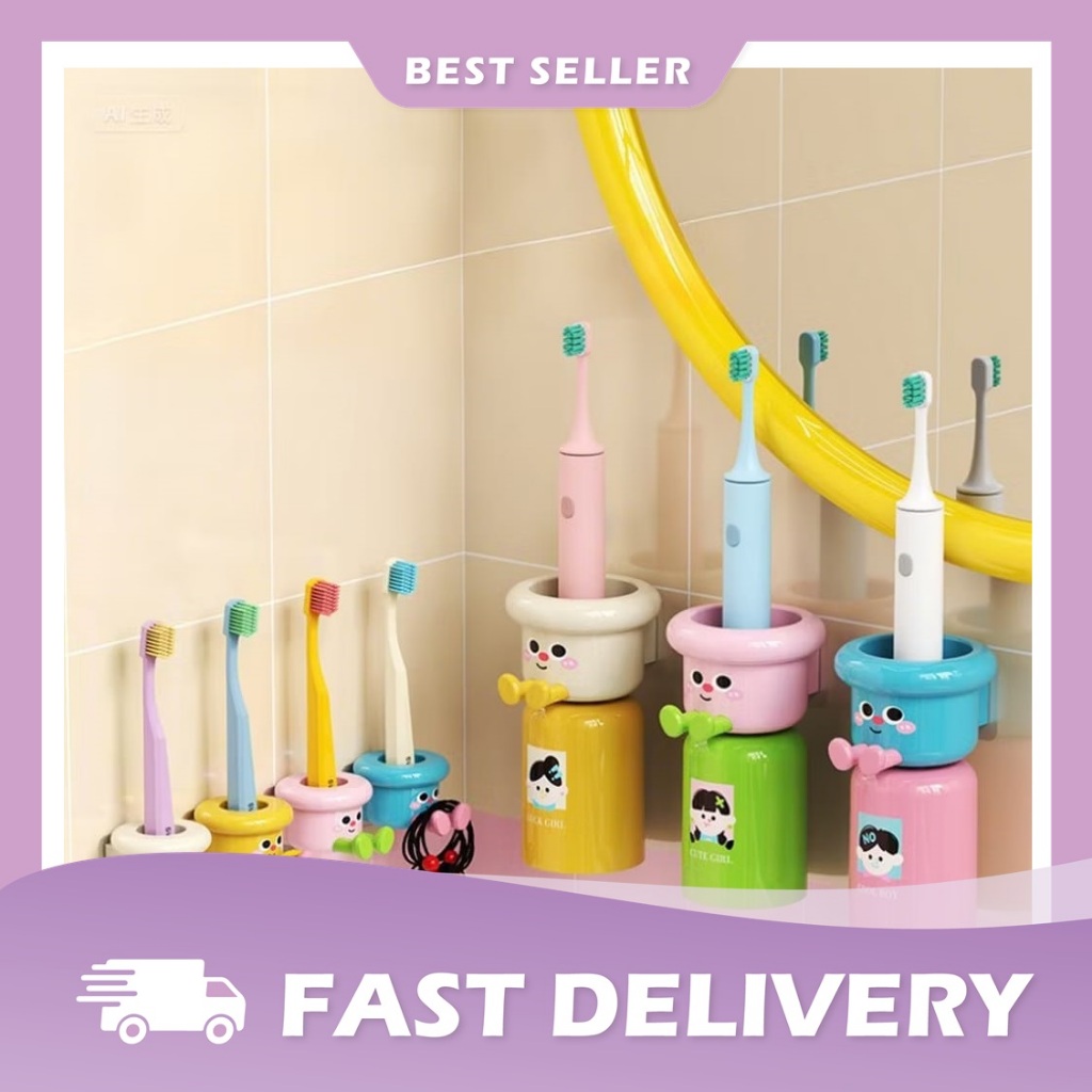 Tempat Sikat Gigi Tempel Magnet Karakter Anak Lucu / Magnetic Toothbrush Holder Set Cangkir Rak Odol