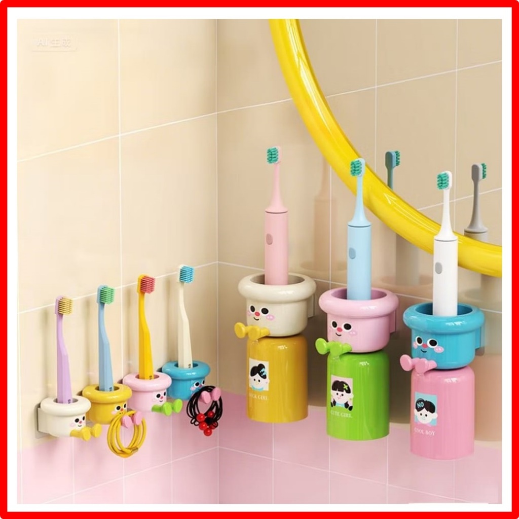 Tempat Sikat Gigi Tempel Magnet Karakter Anak Lucu / Magnetic Toothbrush Holder Set Cangkir Rak Odol