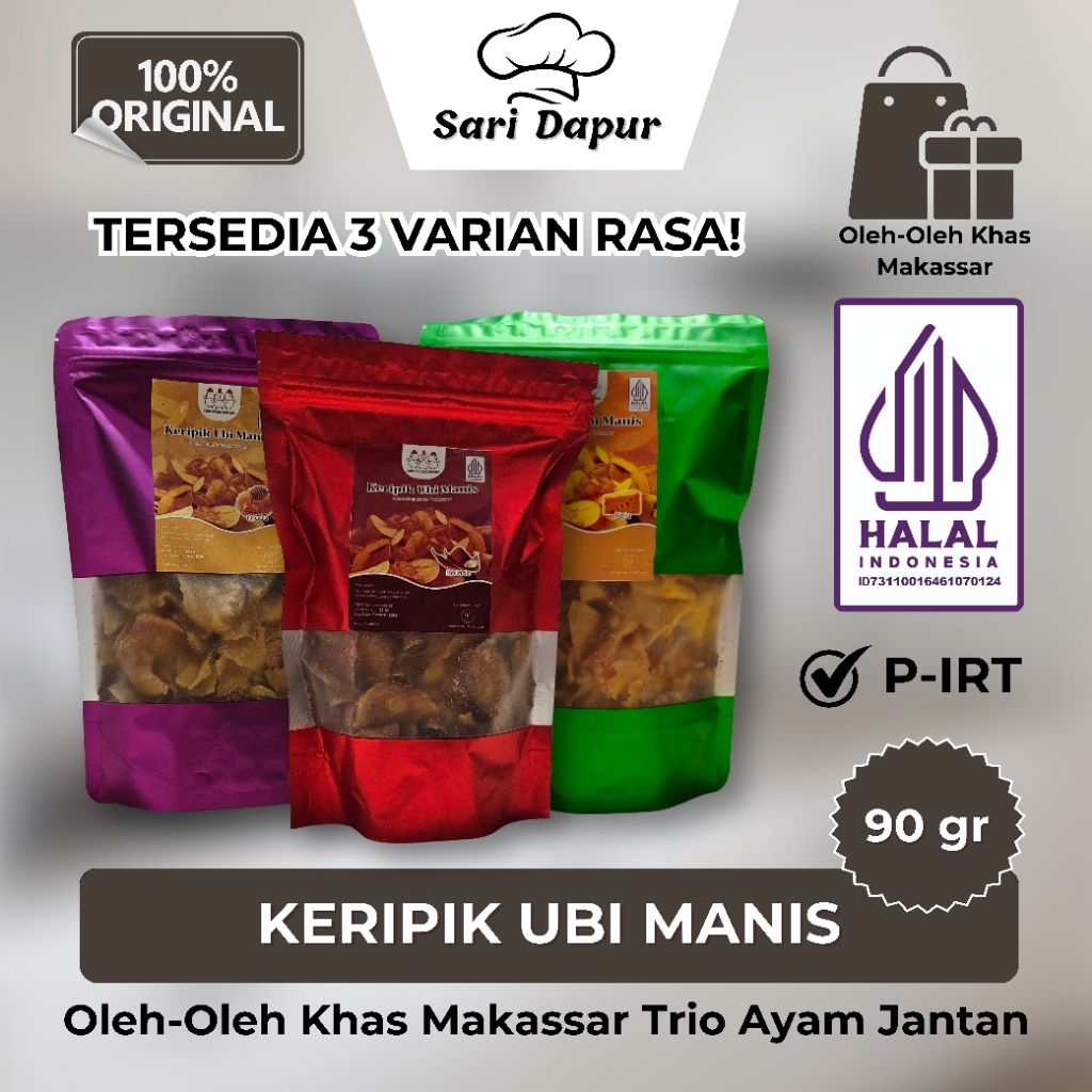 

TRIO AYAM JANTAN Oleh-Oleh Khas Makassar Keripik Ubi Manis 90gr