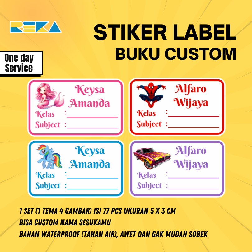 

[PAKET 77 PCS] Stiker Nama Buku / Stiker Custom Nama Buku Sekolah Anak Satuan Tema Anak