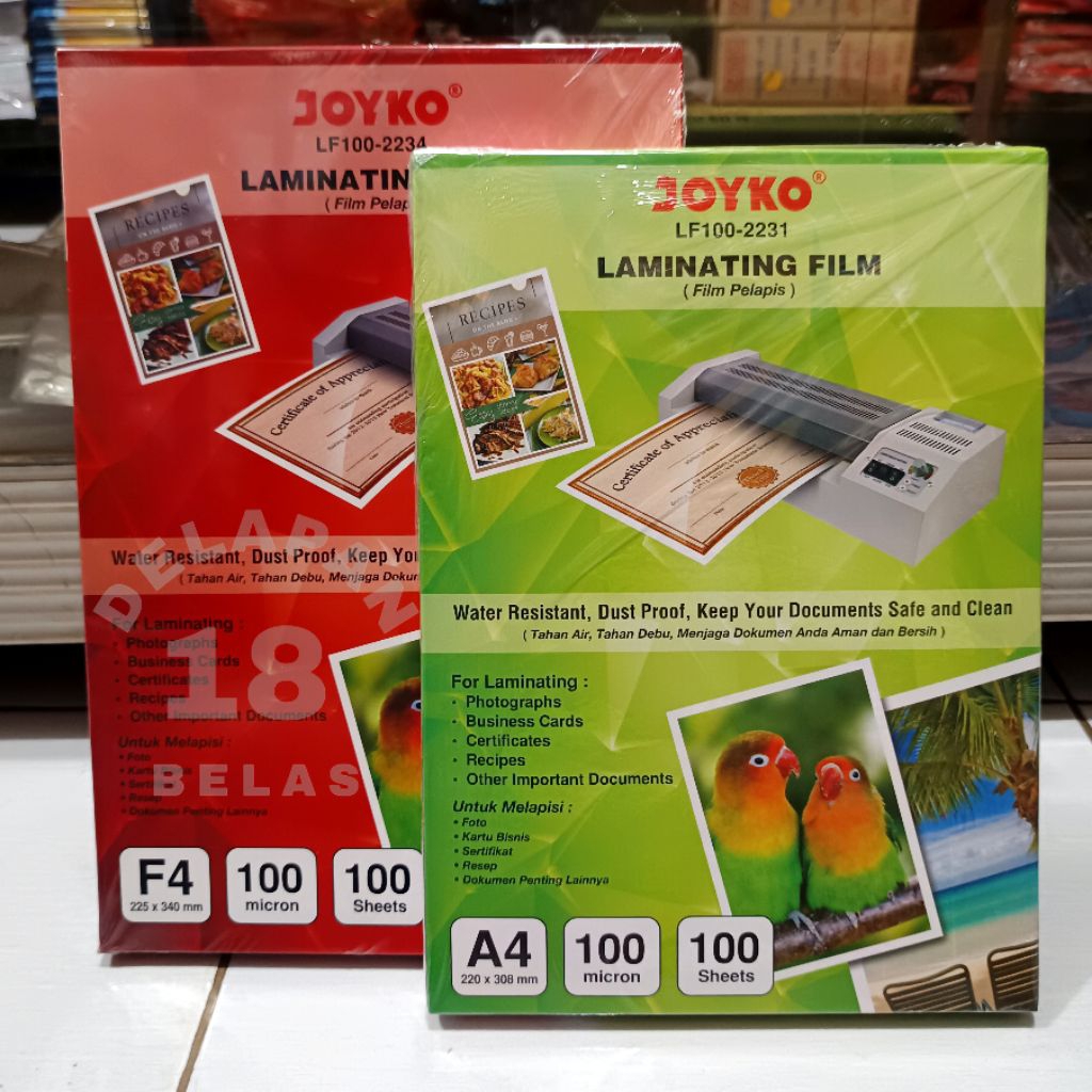 

1 Pak Laminating JOYKO F4 & A4 100 Micron (100 Lembar)