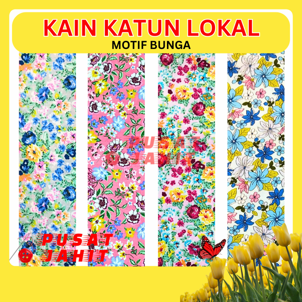KAIN KATUN LOKAL MOTIF BUNGA KEMBANG SAKURA TAPLAK MEJA LAMPIN TULIP MAWAR