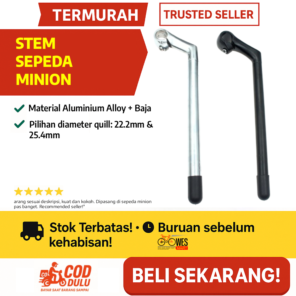 Stem Sepeda Minion 22.2/25.4 x 300mm – Handlebar Stem Aluminium + Baja, Warna Hitam/Perak