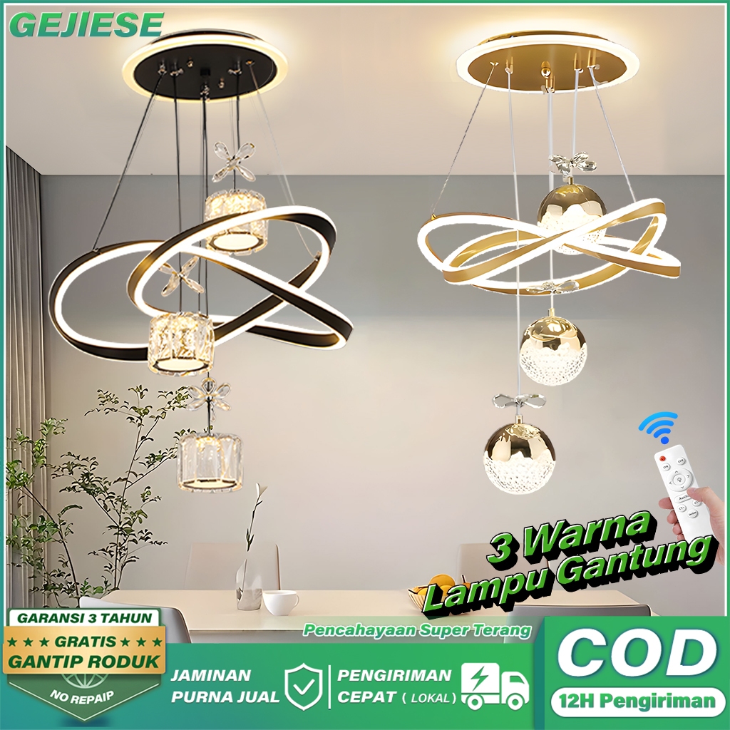 COD Lampu Gantung Minimalis Kristal Lampu Gantung Ruang Tamu Kamar Tidur 3Warna Mewah Lampu Hias