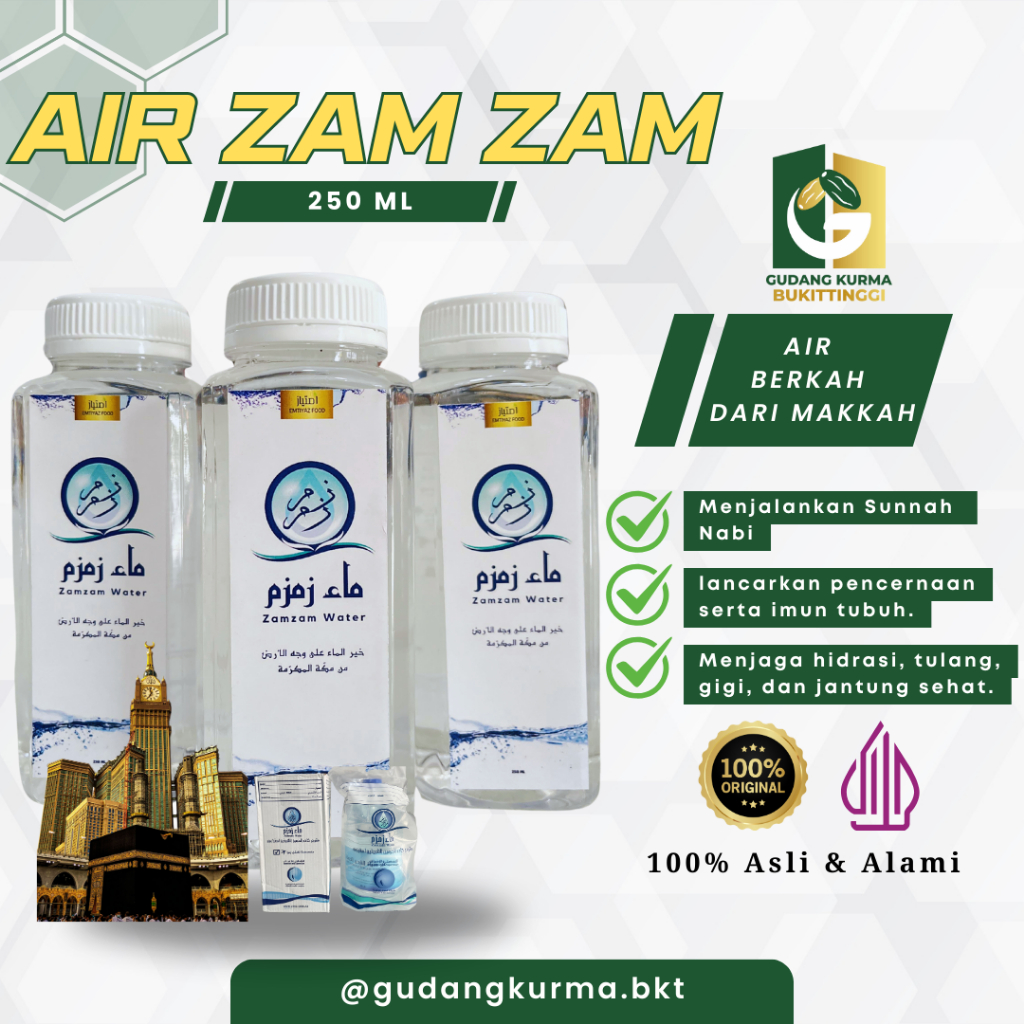 

Air Zam Zam 250ml Asli | Air Zamzam Botol Sedang Gudang Kurma Bukittinggi