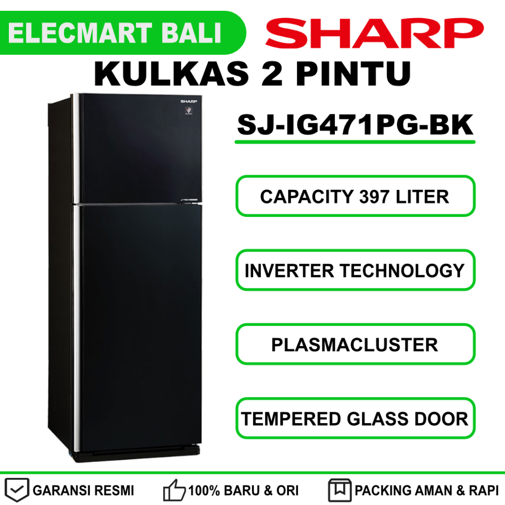 Kulkas 2 Pintu Sharp Inverter SJ-IG571PG-BK - 397 Liter Glass Mirror