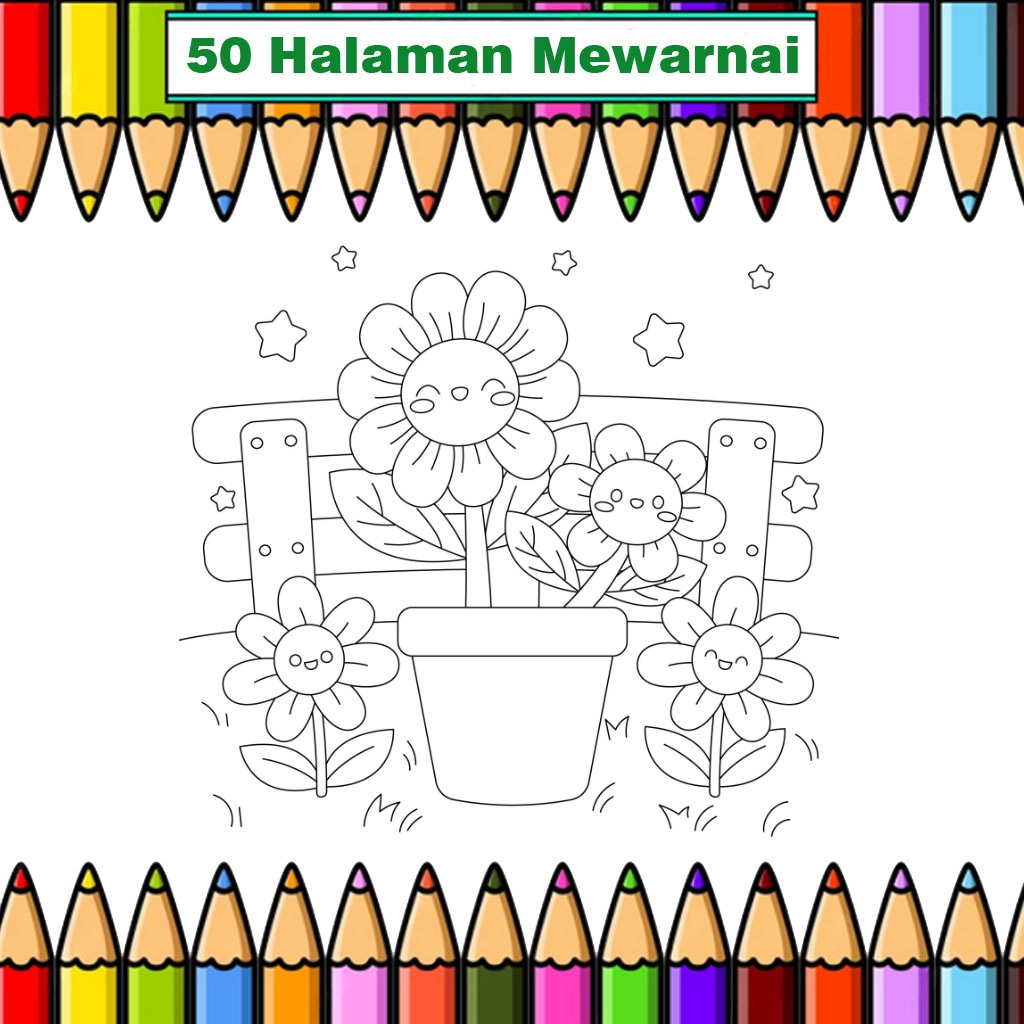 

50 Kertas mewarnai Bunga Bunga dll ukuran A5 untuk Anak TK / PAUD / SD Lembar belajar mewarnai