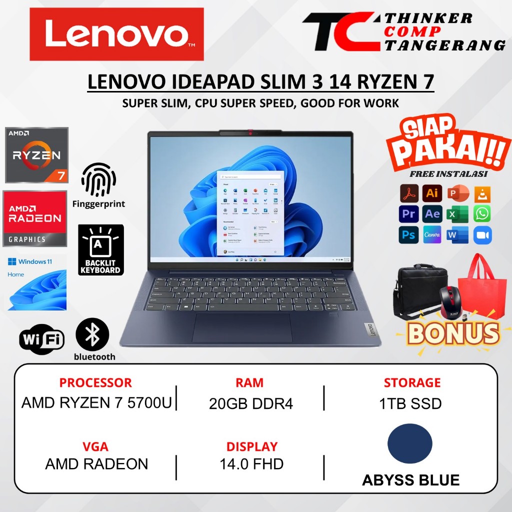 Lenovo Ideapad Slim 3 14 AMD Ryzen 7 5700U 20GB 1TB SSD 14.0 inch FHD Backlit Windows 11 Home