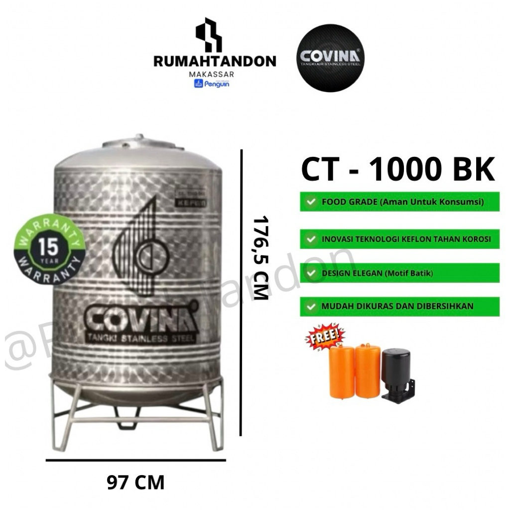 Tandon Air / Tangki Air / Toren Air Stainless 1000 Liter (1000 BK) - Covina